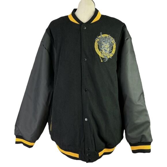 Crooks and Castles Varsity Jacket Men 5XL Black Yellow Letterman Snaps NEW - Picture 1 of 8